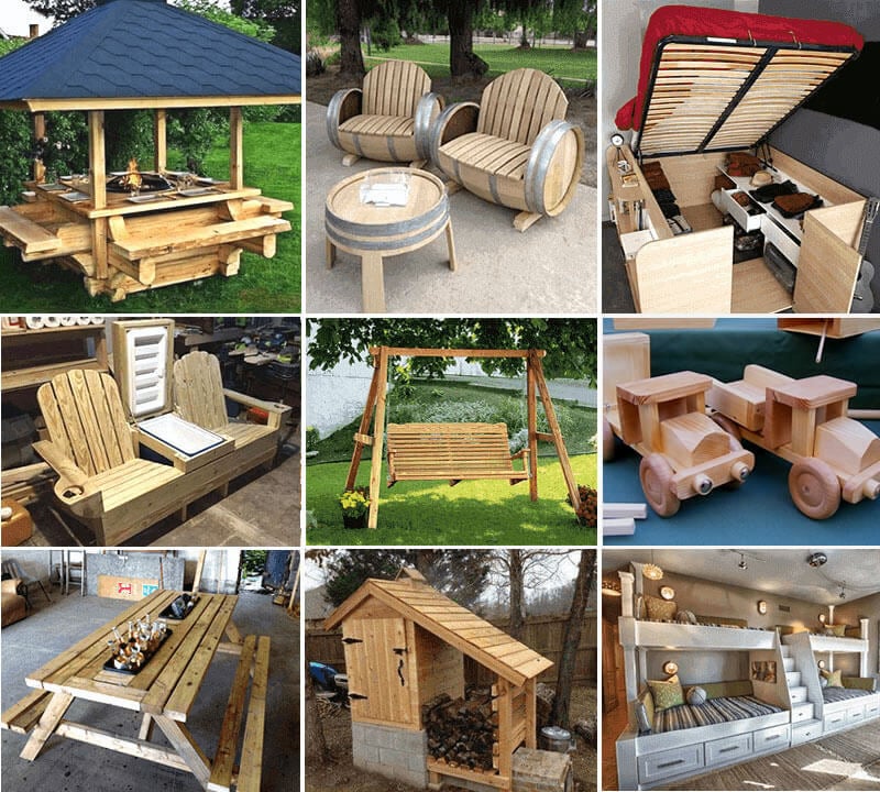 Collage of DIY woodworking projects including outdoor furniture, barrel chairs, a storage bed, porch swing, and wooden toys.