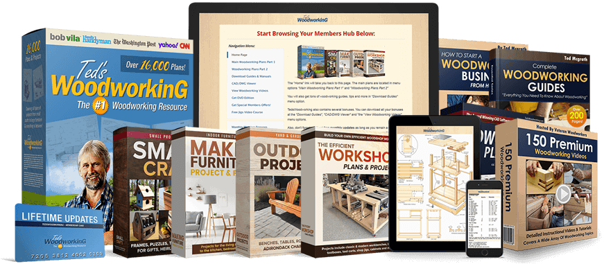 Teds Woodworking digital product bundle including 16000 plans, step-by-step guides, and video tutorials displayed on devices and boxes.