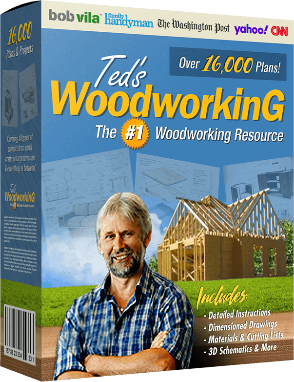 Teds Woodworking project kit box featuring over 16000 plans, detailed instructions, dimensioned drawings, and 3D schematics.