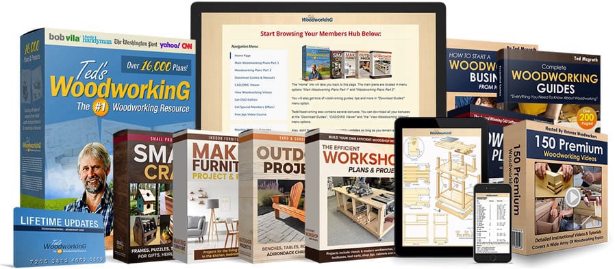 Teds Woodworking digital download suite showing member dashboard on computer screen, video lessons, and DIY project guides.
